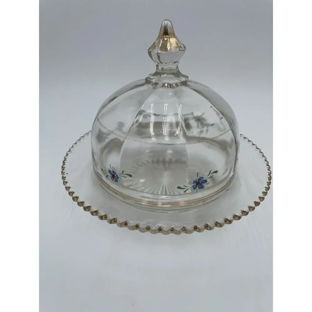 Vintage Glass Dome Butter Dish Hand Painted Blue Flowers Gold Trim